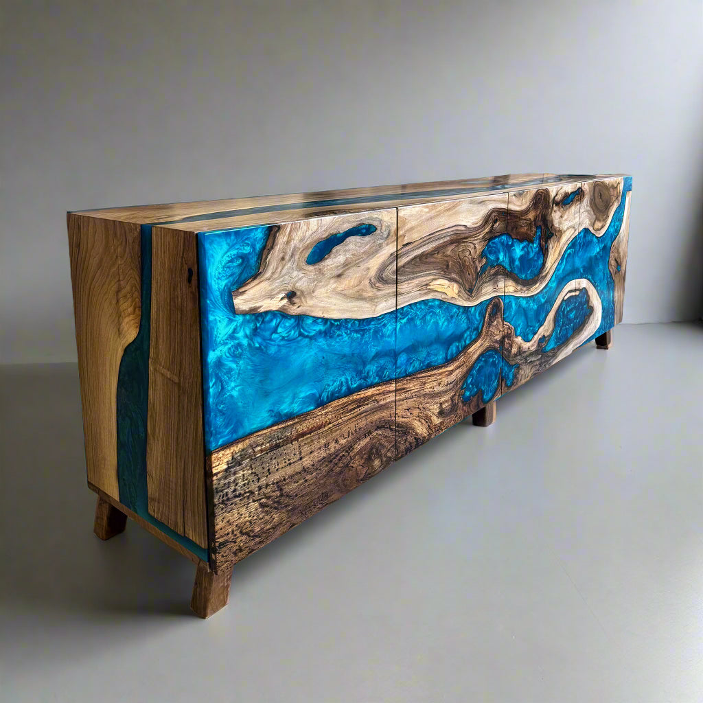Sideboard aus Holz und Epoxidharz in Perltürkis