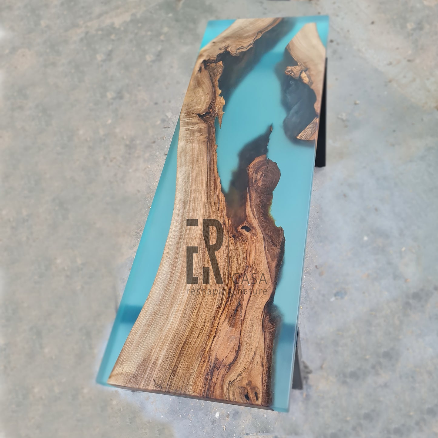 Walnut Wood and Turquoise Epoxy Resin Bench