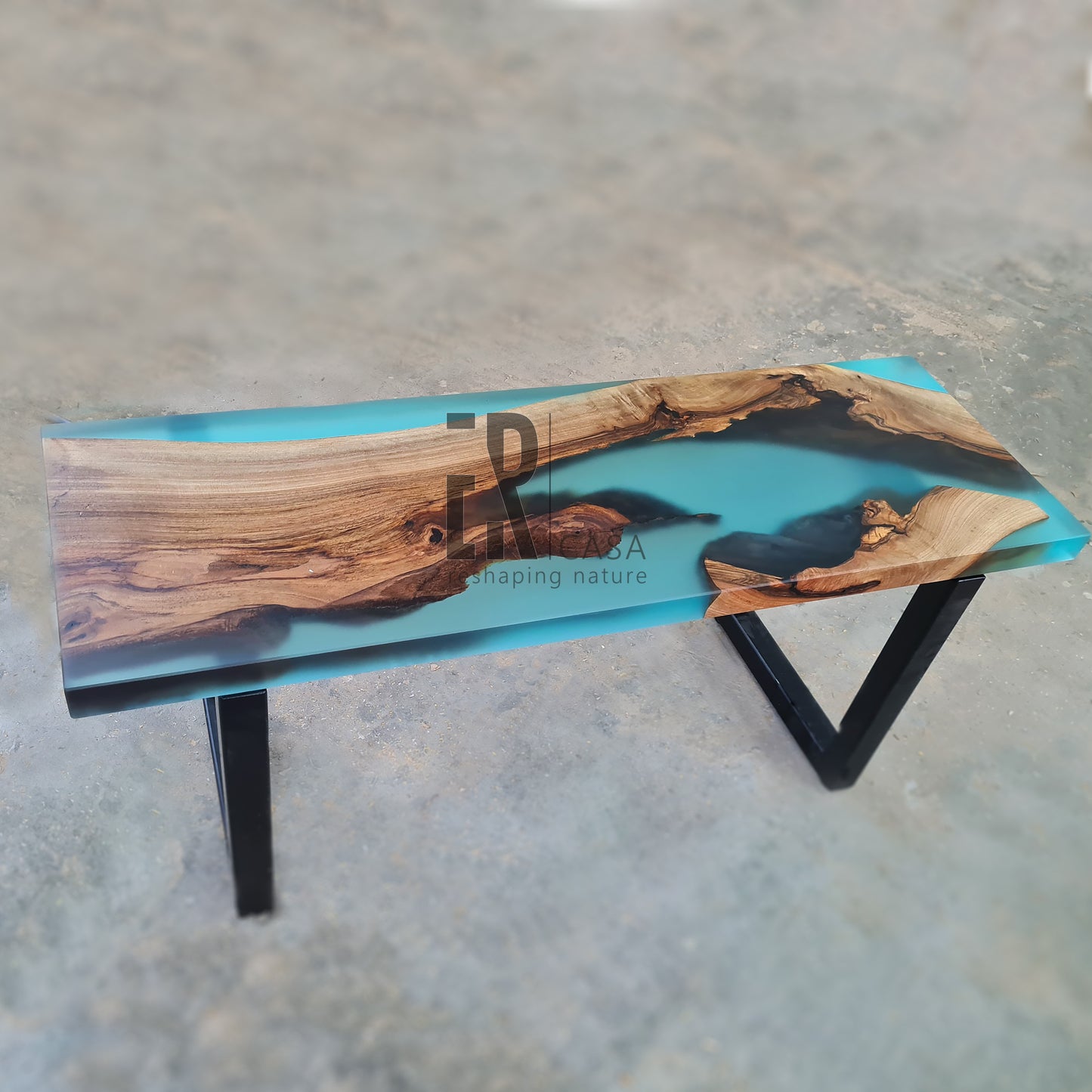 Walnut Wood and Turquoise Epoxy Resin Bench