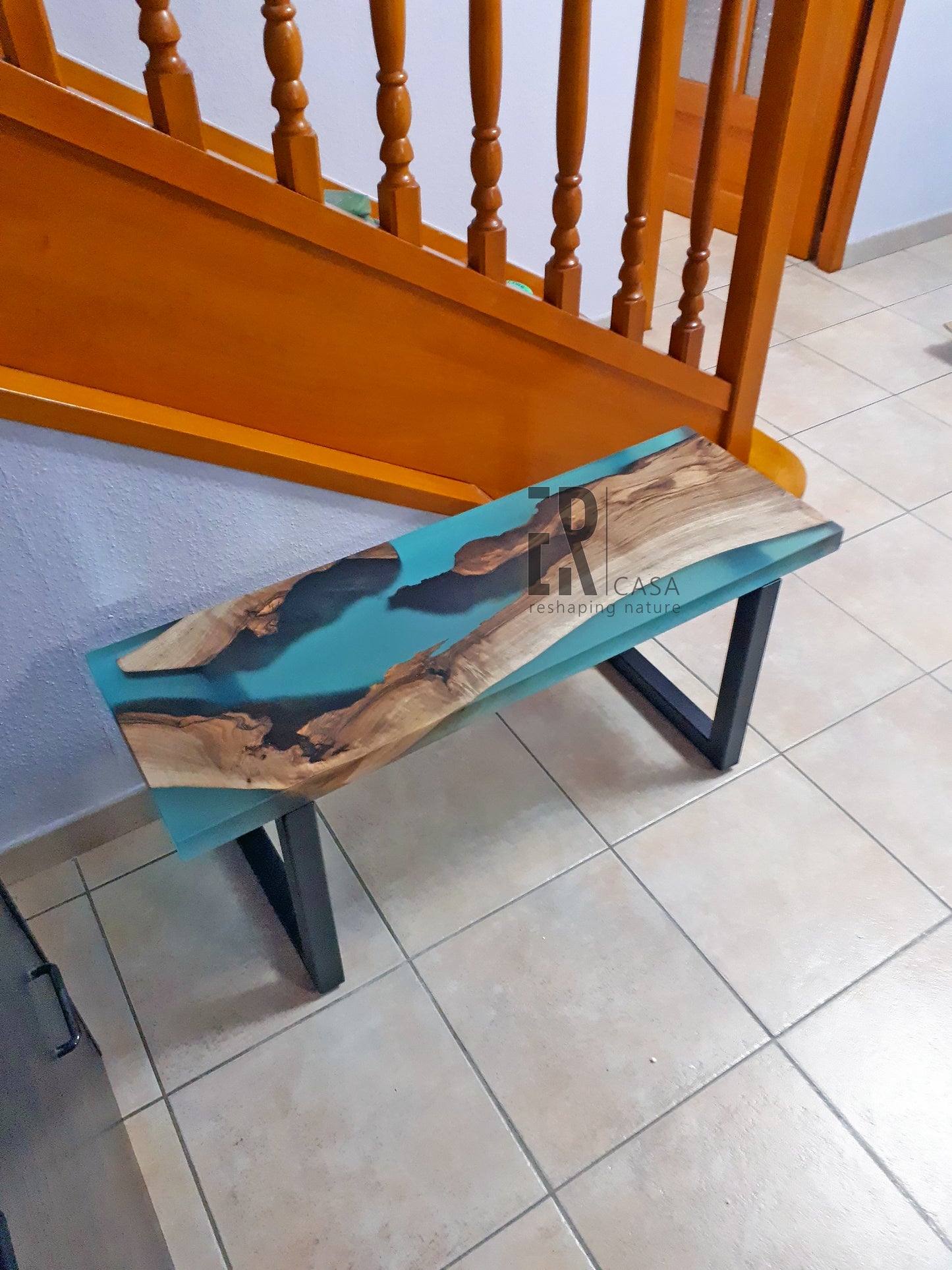 Walnut Wood and Turquoise Epoxy Resin Bench