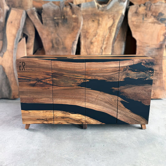Buffetschrank mit Schubladen und Epoxidharz im Wasserfall-Stil und Walnussholzplatte