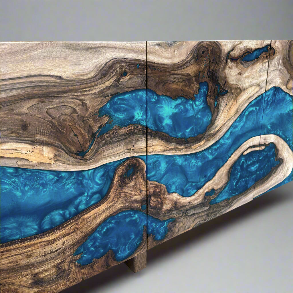 Sideboard aus Holz und Epoxidharz in Perltürkis