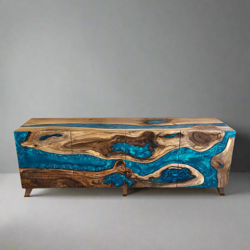 Sideboard aus Holz und Epoxidharz in Perltürkis