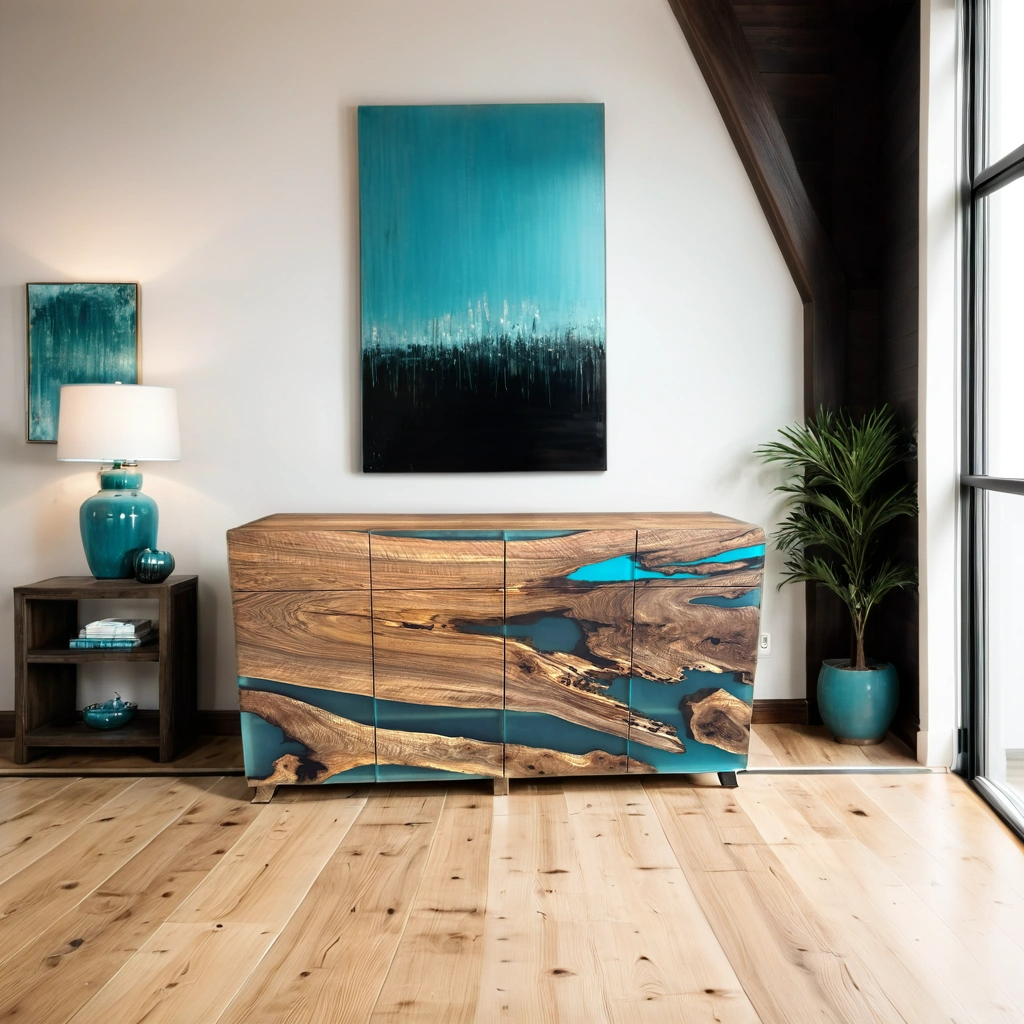 Buffetschrank aus Walnuss und Epoxidharz mit Schubladen