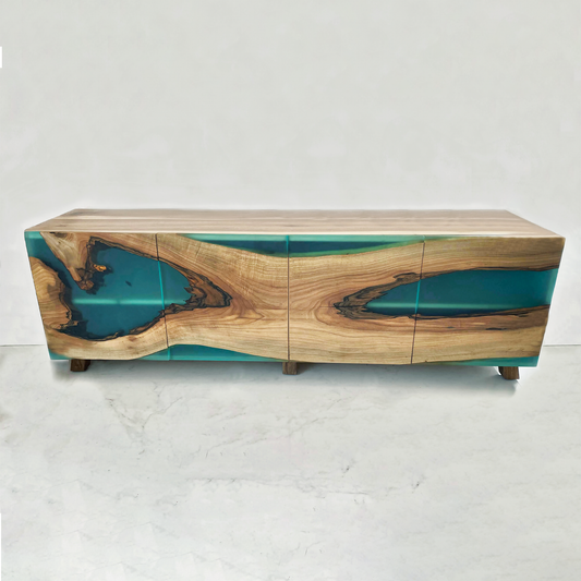 Modernes Sideboard aus Holz und türkisfarbenem Epoxidharz