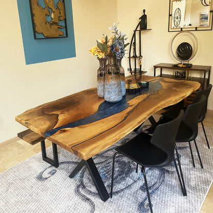 Blue Epoxy River Table and Bench Matching Set