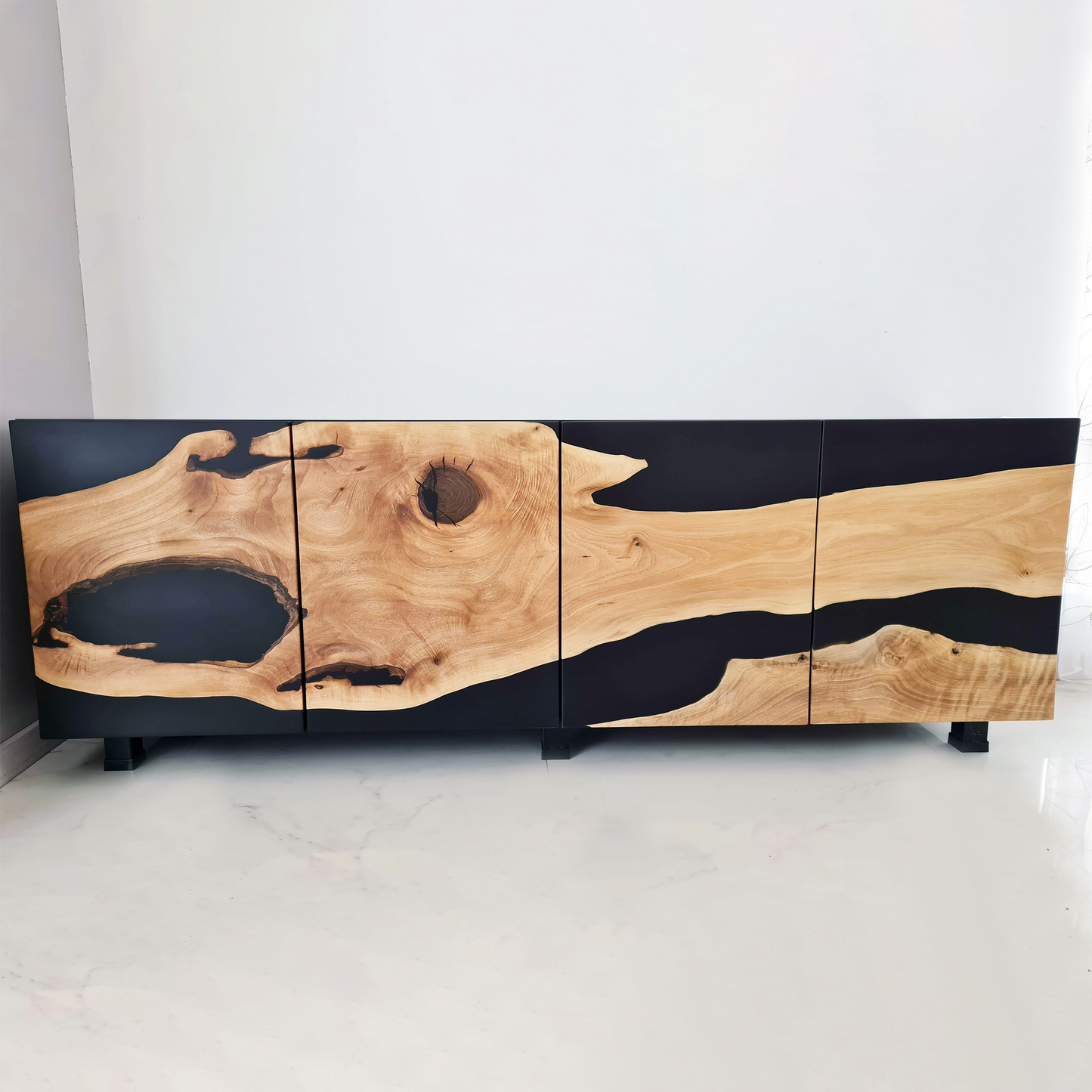Walnut Wood And Black Matte Epoxy Sideboard