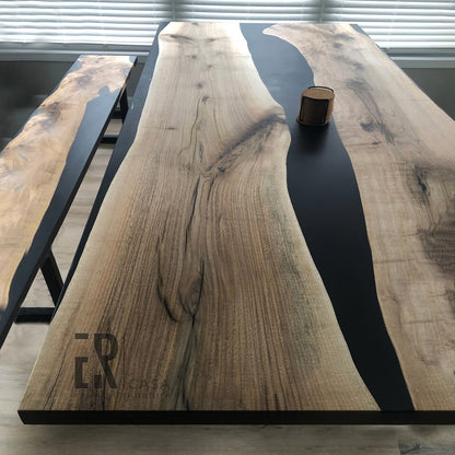 Black Epoxy Resin River Table and Bench Matching Set