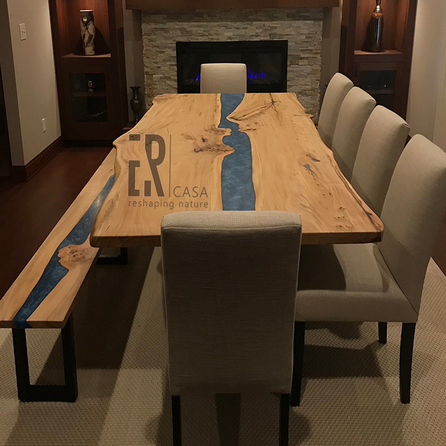 Epoxy Resin River Table and Bench Matching Set