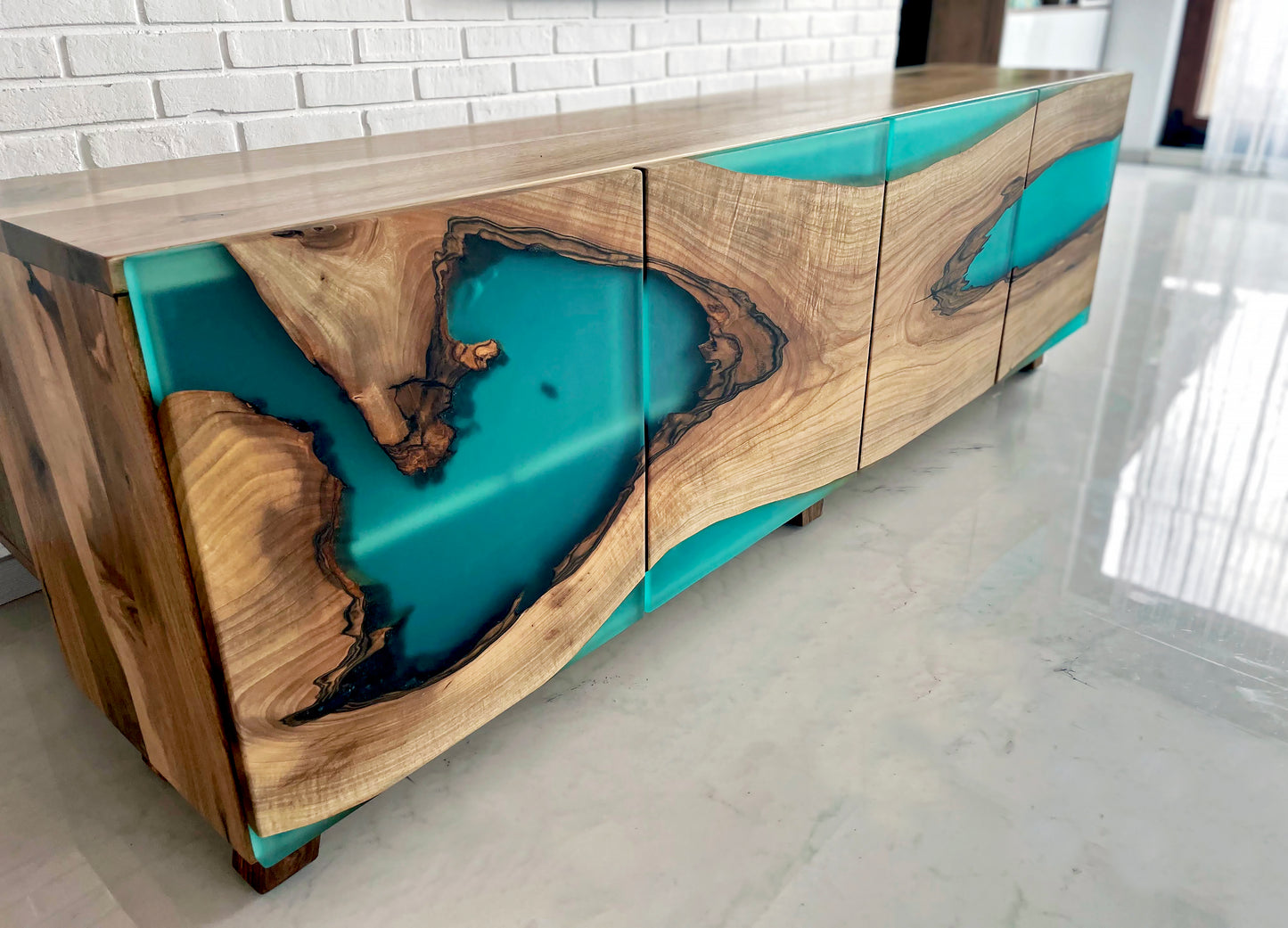Modern Wood And Turquoise Epoxy Resin Sideboard
