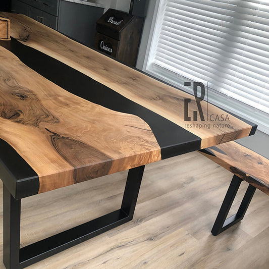 Black Epoxy Resin River Table and Bench Matching Set