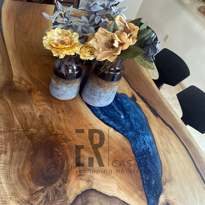 Blue Epoxy River Table and Bench Matching Set