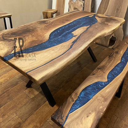 Blue Epoxy River Table and Bench Matching Set