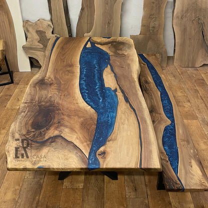 Blue Epoxy River Table and Bench Matching Set