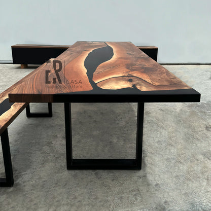 Wood and Epoxy Table and Bench Matching Set