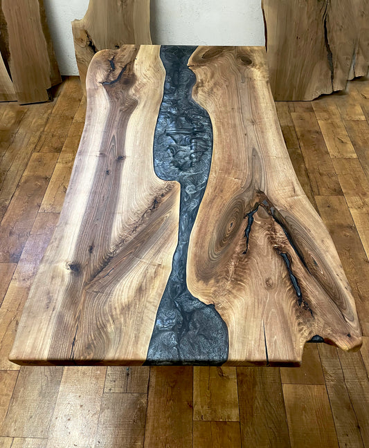 Walnut Wood And Graphite Epoxy Resin Dining Table