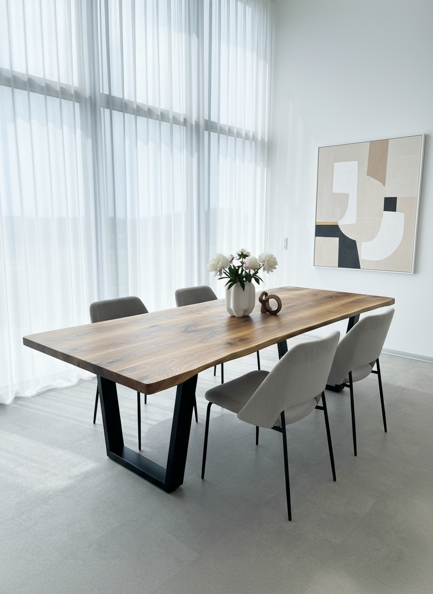 Modern dining room with a long wooden table and chairs.