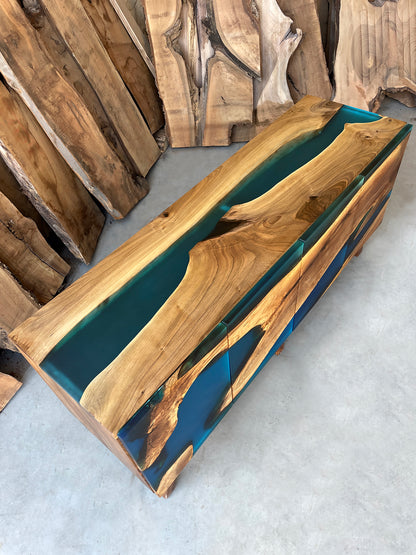 Unique Wood And Turquoise Resin Sideboard