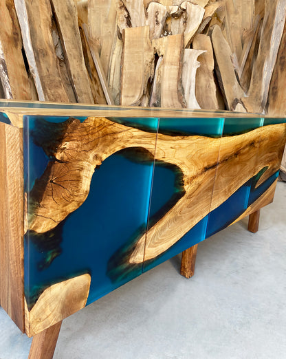 Unique Wood And Turquoise Resin Sideboard