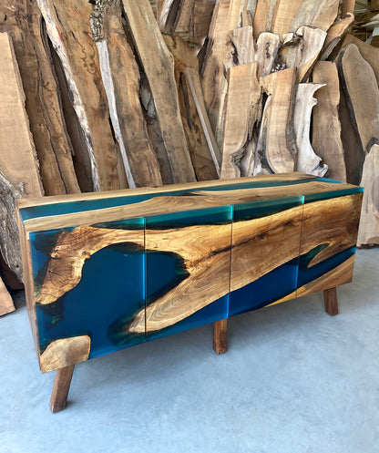 Unique Wood And Turquoise Resin Sideboard