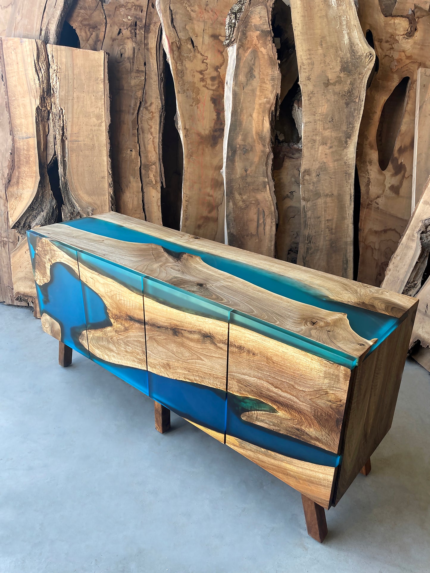 Unique Wood And Turquoise Resin Sideboard