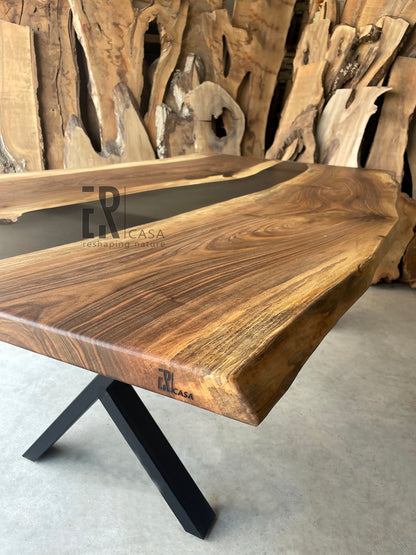 Walnut Wood And Sheer Black Epoxy Table