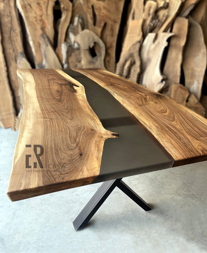 Walnut Wood And Sheer Black Epoxy Table