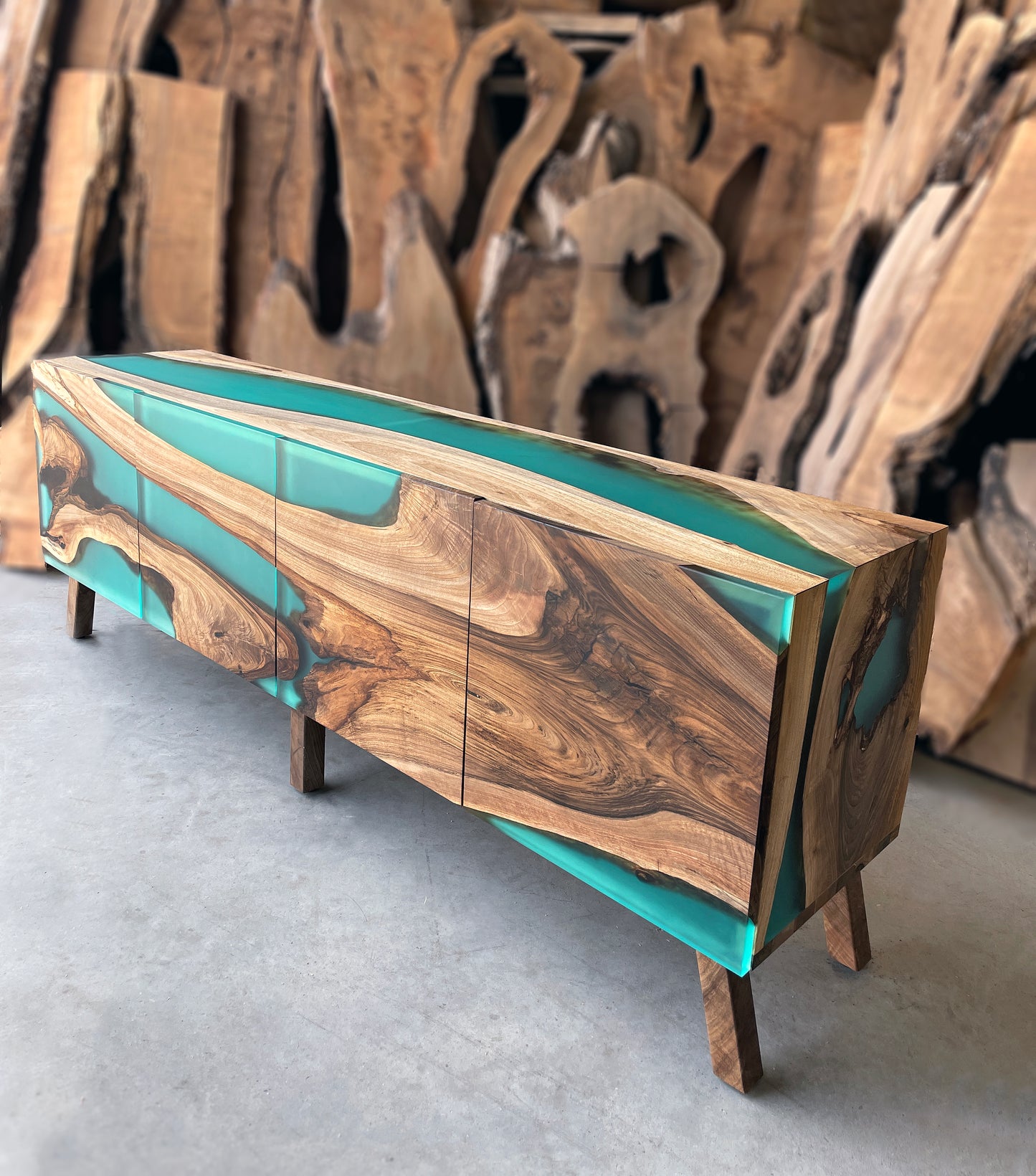 Waterfall Wood And Turquoise Resin Sideboard