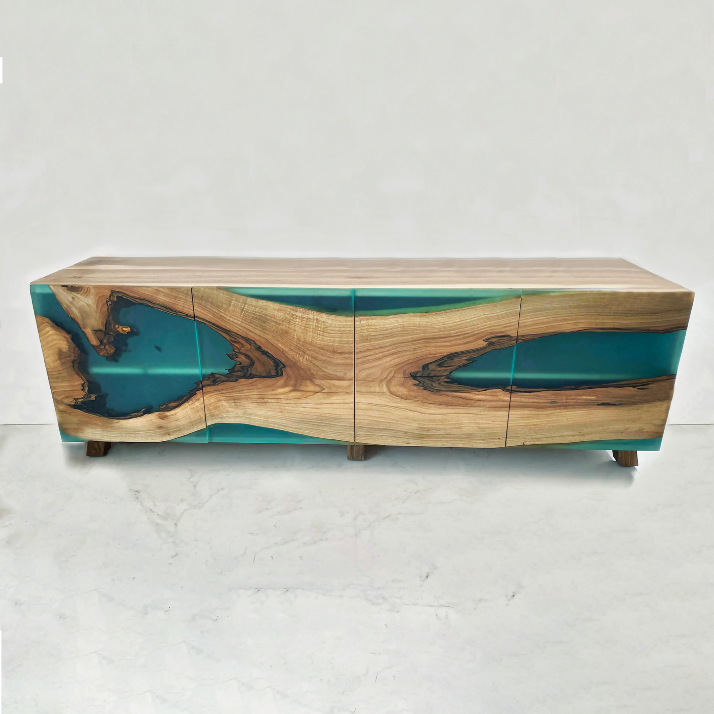 Buffet moderne en bois et résine époxy turquoise
