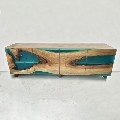 Modern Wood And Turquoise Epoxy Resin Sideboard