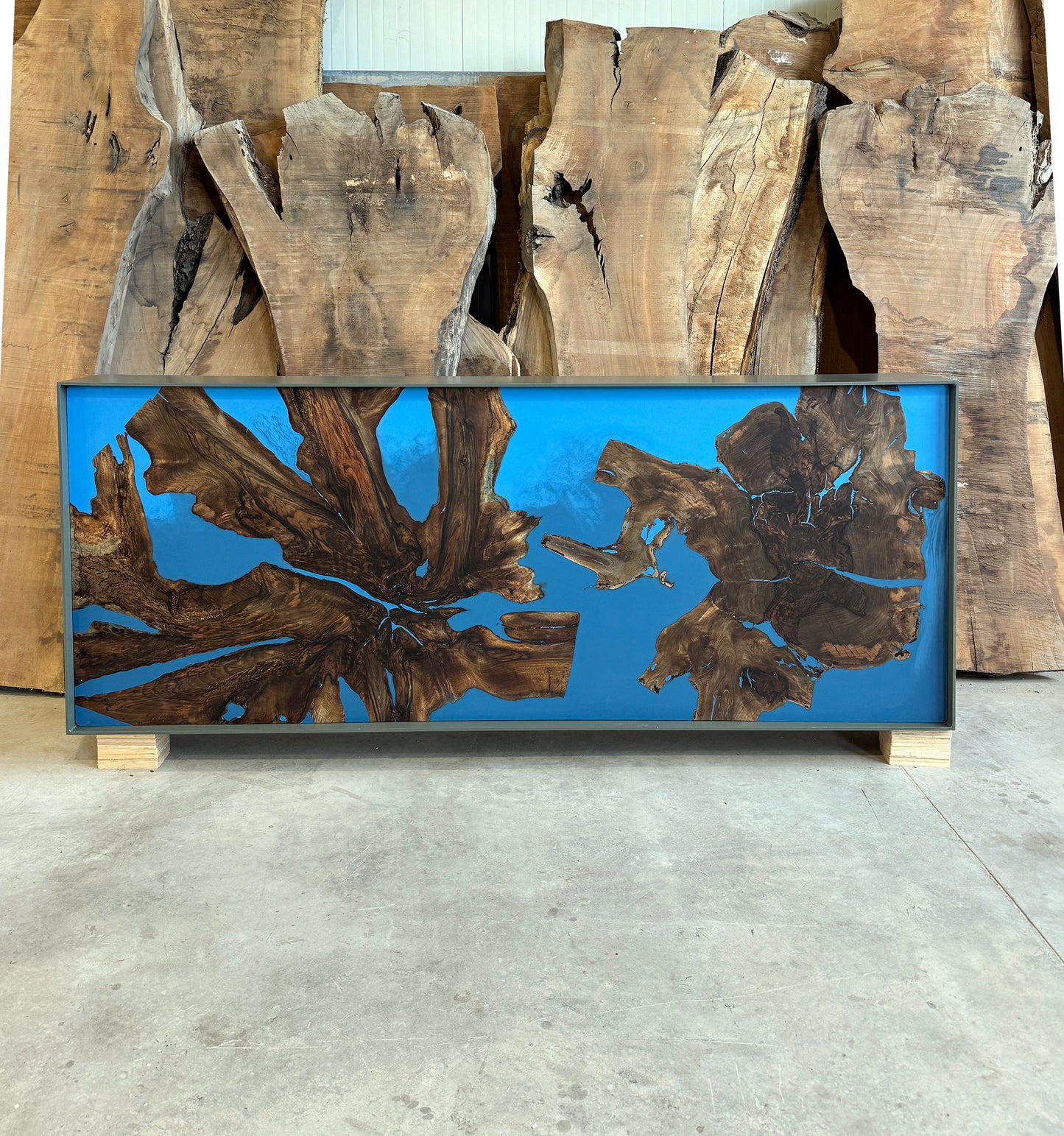 Custom order/ 50% Balance payment / Custom made metal-framed walnut wood root console table  and epoxy resin