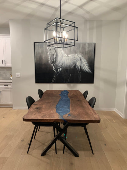 Live Edge Dark Walnut Wood And Deep Blue Epoxy Dining Table