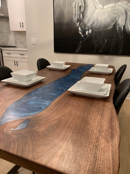 Live Edge Dark Walnut Wood And Deep Blue Epoxy Dining Table