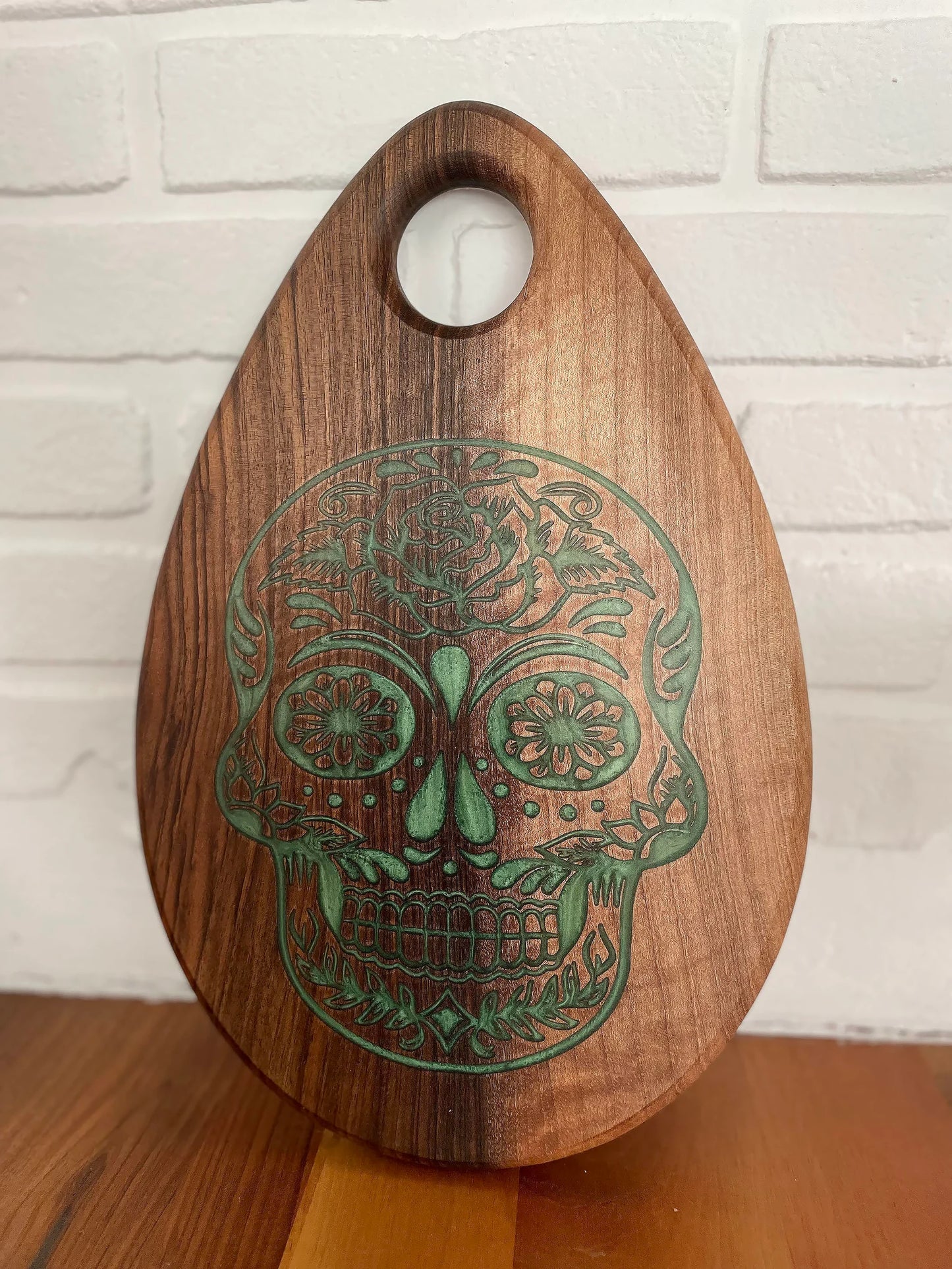 Day of the Dead Skull Walnut & Light Green Resin Serving Board