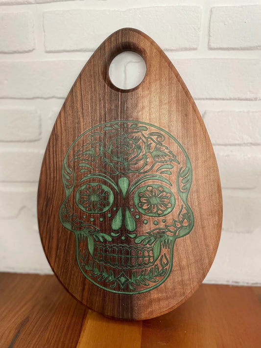 Day of the Dead Skull Walnut & Light Green Resin Serving Board