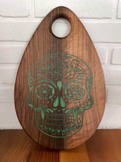 Day of the Dead Skull Walnut & Light Green Resin Serving Board