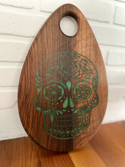 Day of the Dead Skull Walnut & Light Green Resin Serving Board