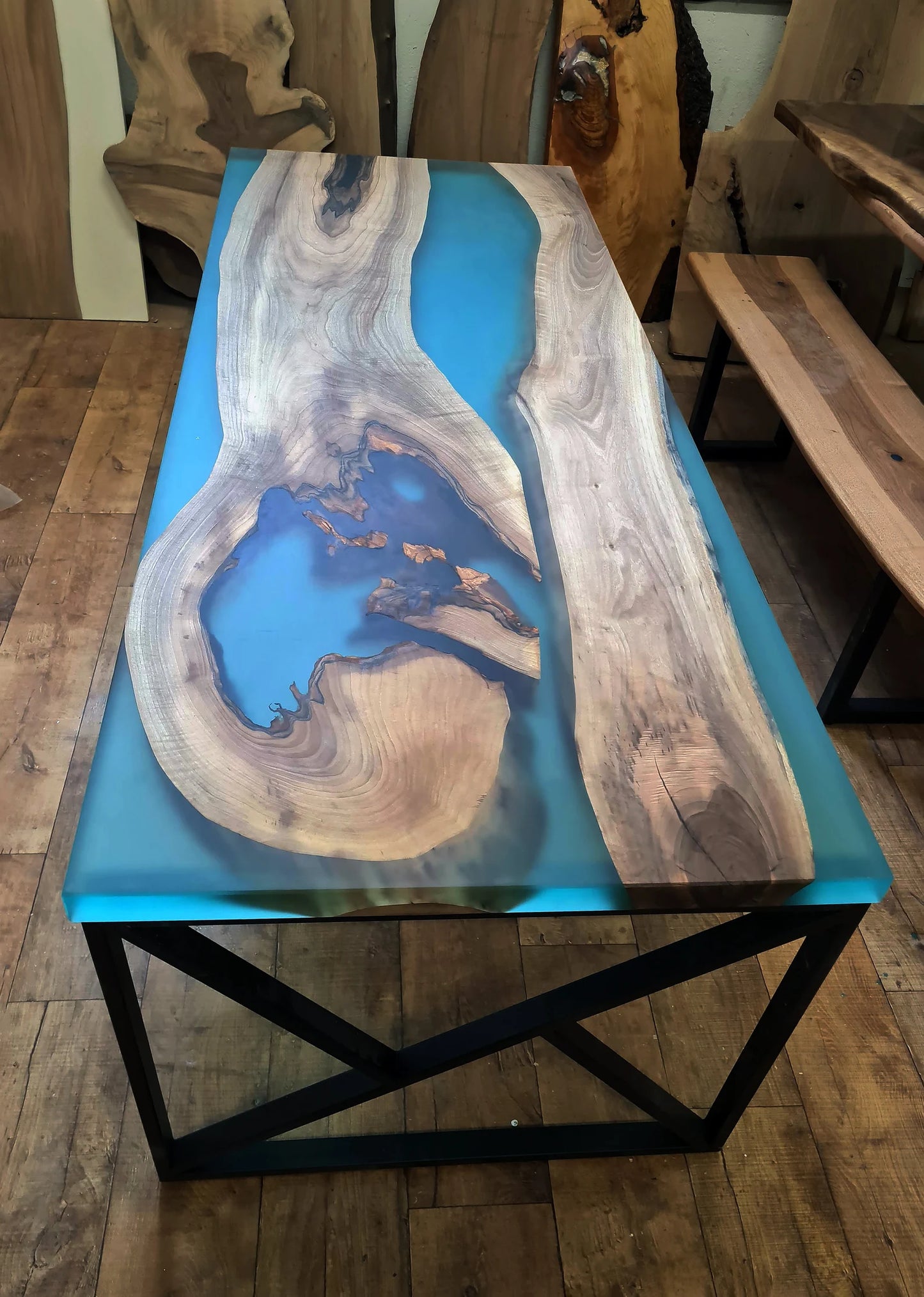 Walnut Waterfall Transparent Turquoise Epoxy Console & Table