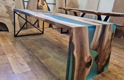 Walnut Waterfall Transparent Turquoise Epoxy Console & Table