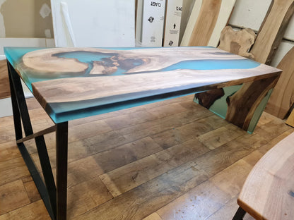 Walnut Waterfall Transparent Turquoise Epoxy Console & Table