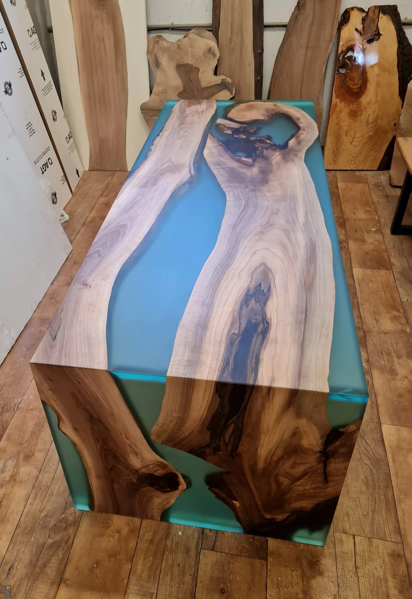 Walnut Waterfall Transparent Turquoise Epoxy Console & Table
