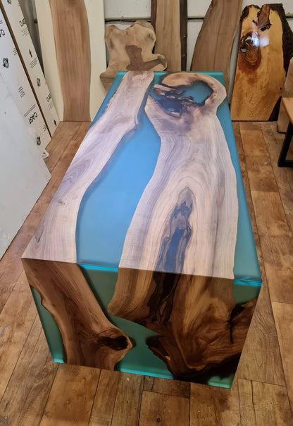Walnut Waterfall Transparent Turquoise Epoxy Console & Table