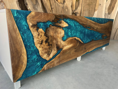 Walnut & Turquoise Resin with White Buffet Cabinet