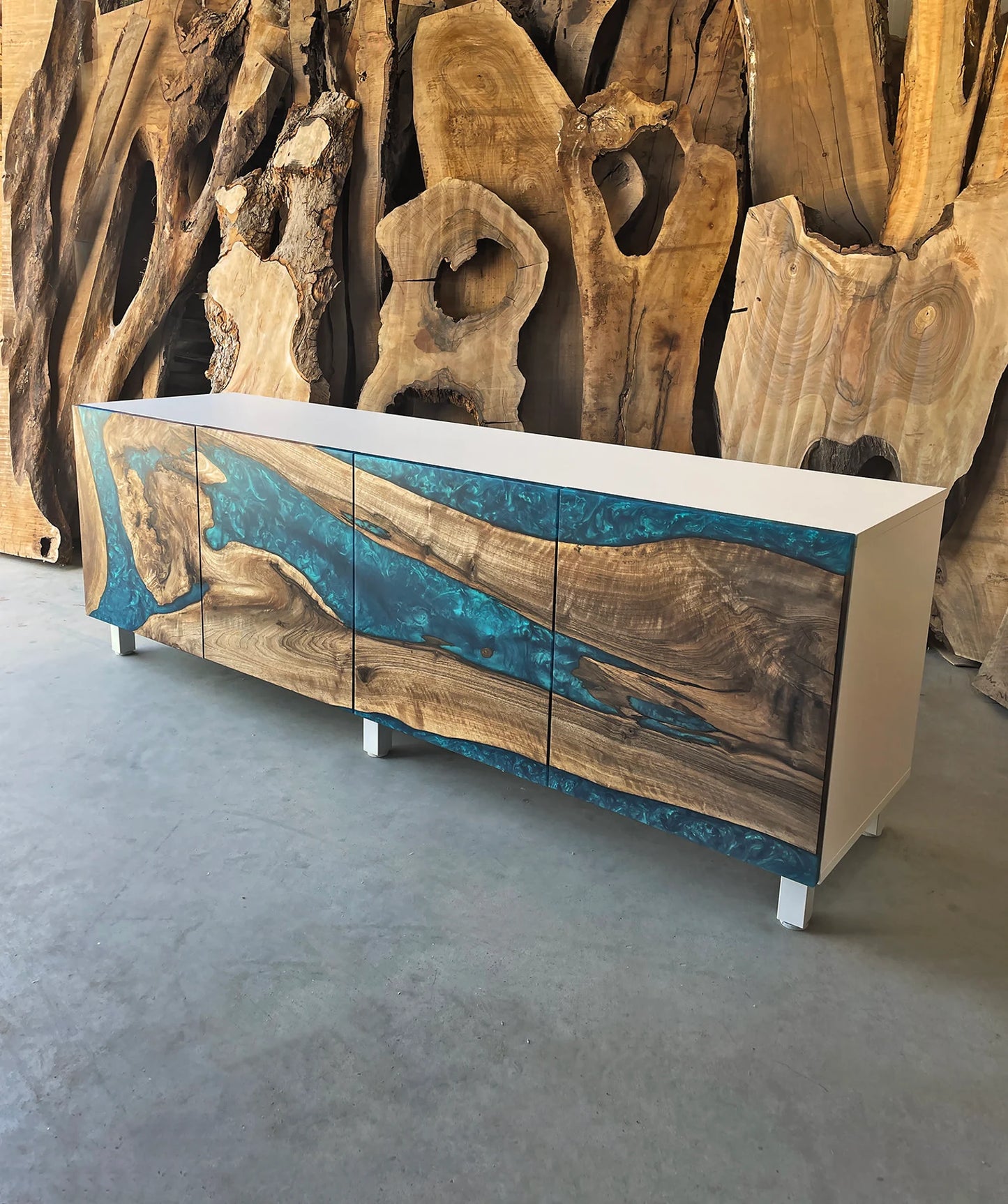 Walnut & Turquoise Resin with White Buffet Cabinet