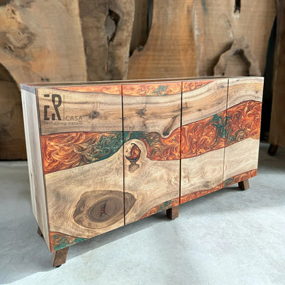 Walnut & Bronze‑Green Resin Credenza