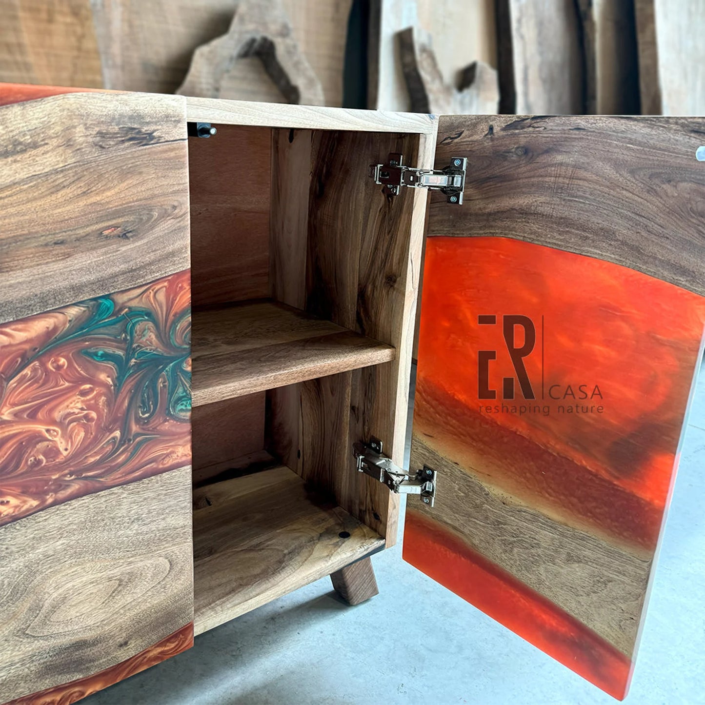 Walnut & Bronze‑Green Resin Credenza