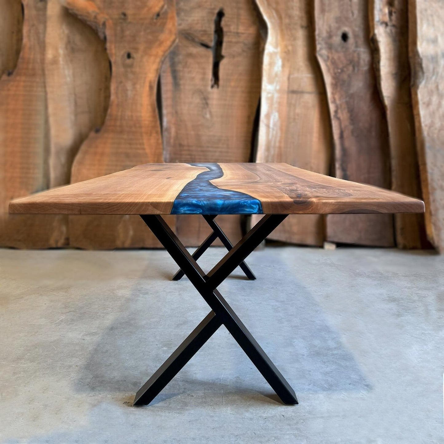 Blue Epoxy River in Walnut Wood Dining Table