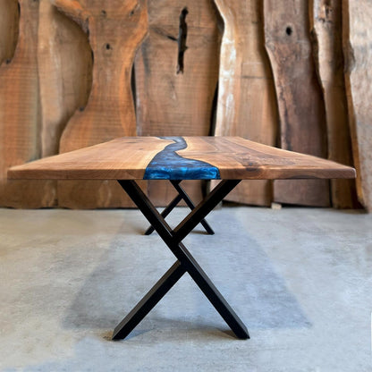 Blue Epoxy River in Walnut Wood Dining Table