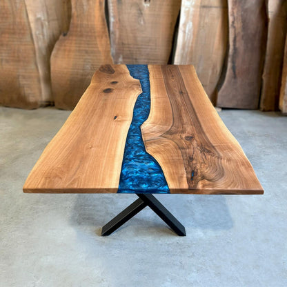 Blue Epoxy River in Walnut Wood Dining Table