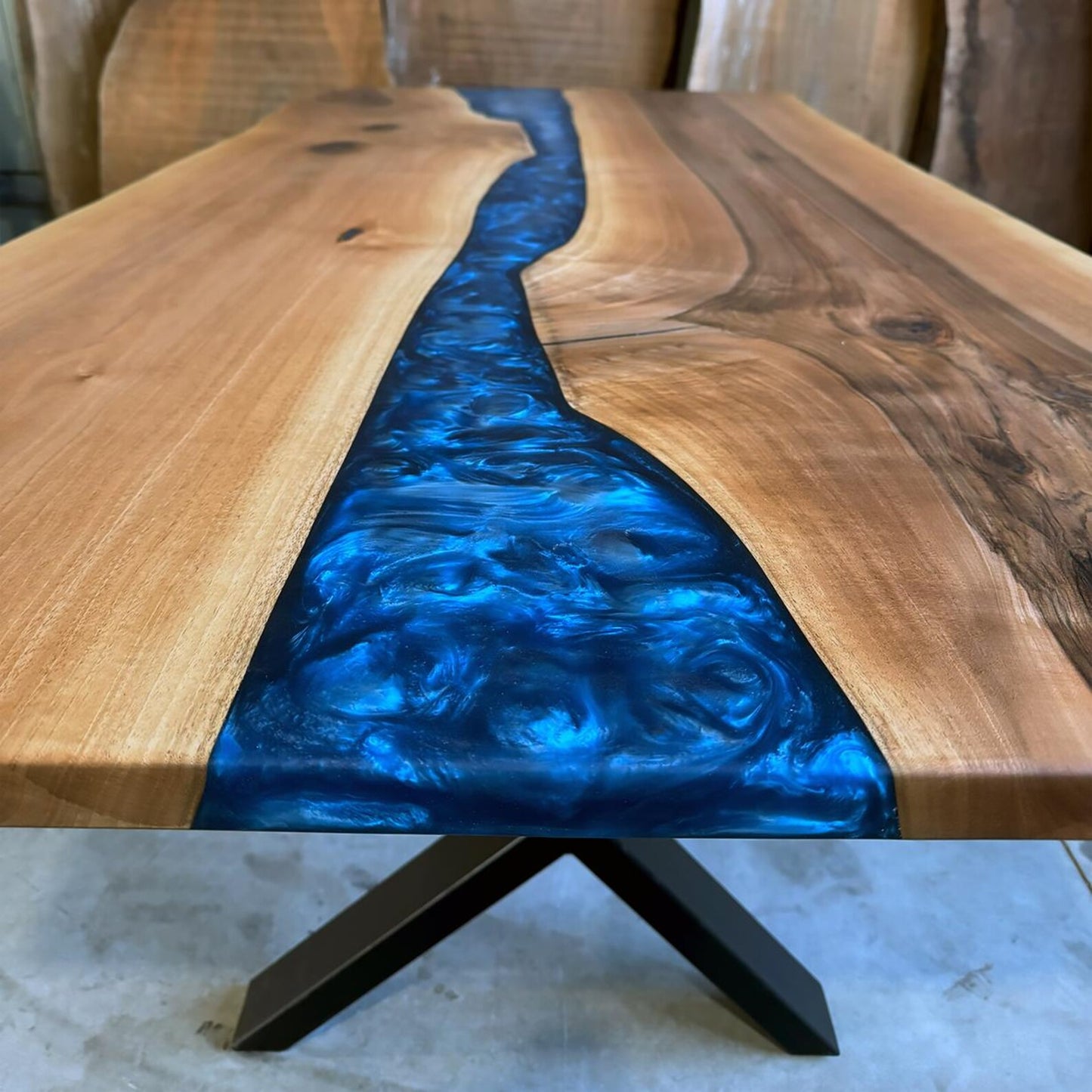 Blue Epoxy River in Walnut Wood Dining Table
